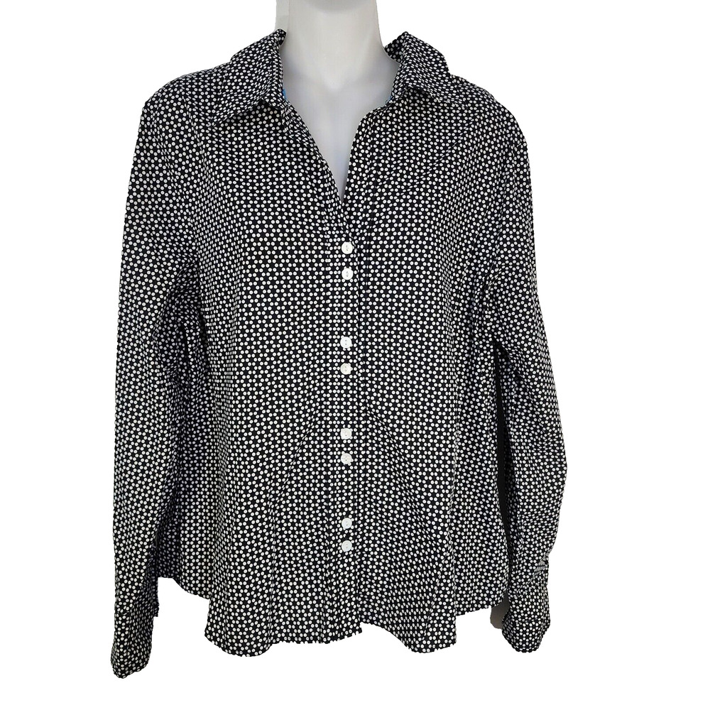 Foxcroft Shirt Womens Size 14 Button Black White Polka Dot Wrinkle Free Fitted